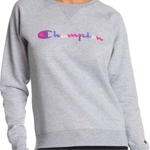 NWT Champion Grey Multicolor Script Logo Power Blend Crewneck Sweatshirt Size S